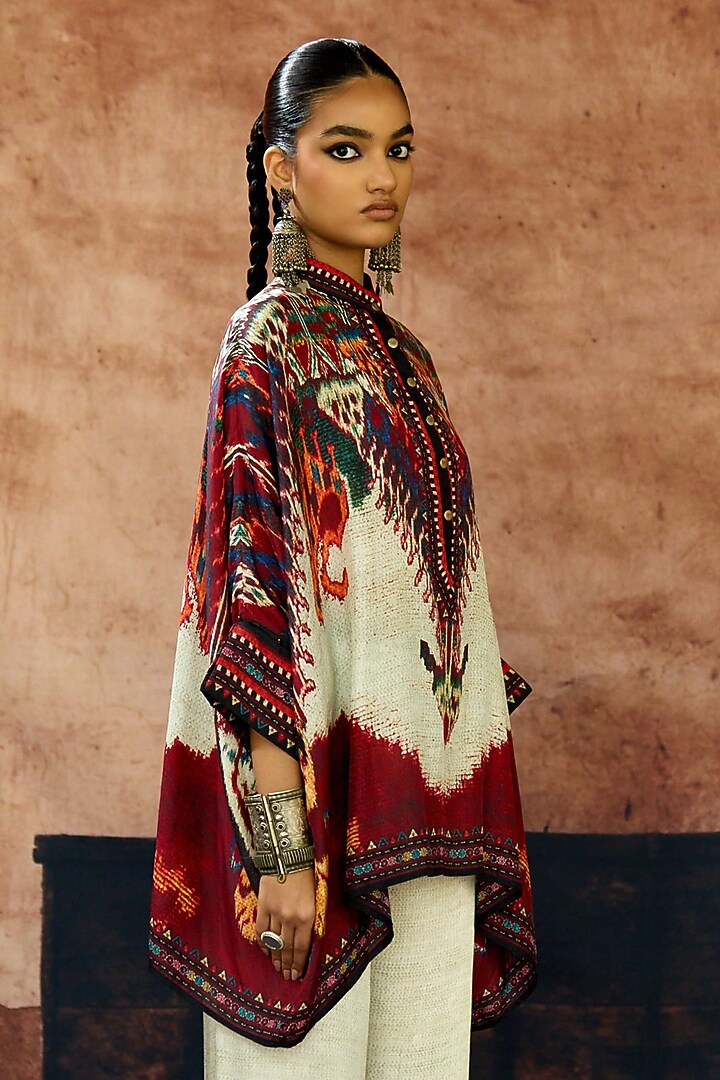 Beige & Maroon Silk Printed Tunic Set by Rajdeep Ranawat at Pernia's Pop Up Shop