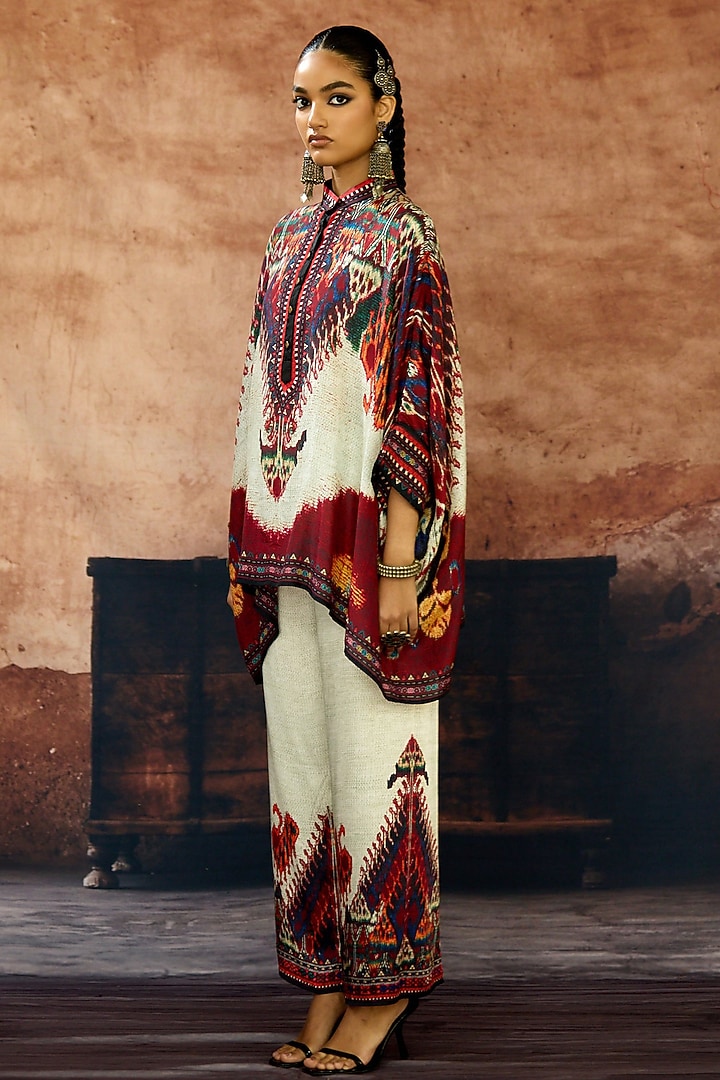 Beige & Maroon Silk Printed Tunic Set by Rajdeep Ranawat at Pernia's Pop Up Shop