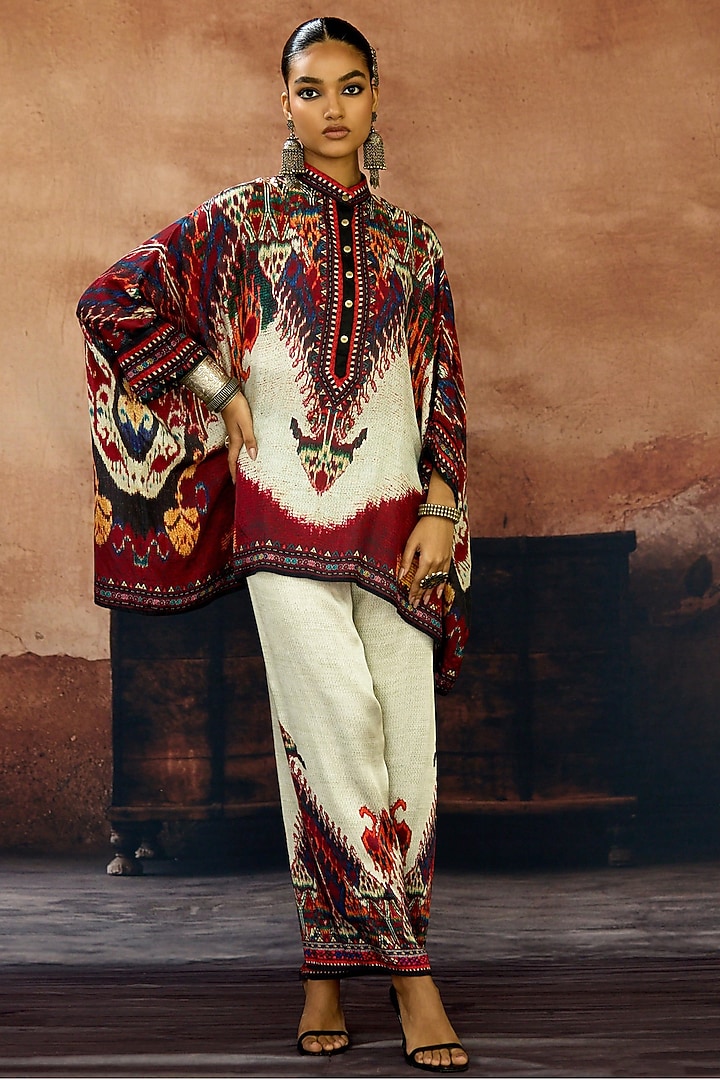 Beige & Maroon Silk Printed Tunic Set by Rajdeep Ranawat at Pernia's Pop Up Shop
