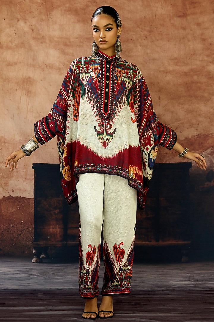 Beige & Maroon Silk Printed Tunic Set by Rajdeep Ranawat at Pernia's Pop Up Shop