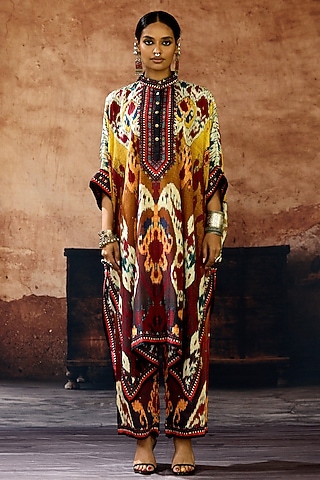 Yellow & Mustard Silk Printed Tunic Set by Rajdeep Ranawat