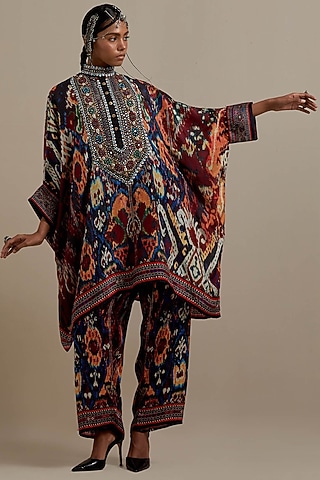 Maroon & Multi-Colored Silk Printed Tunic Set by Rajdeep Ranawat
