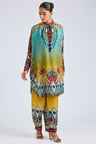 Aqua Silk Printed Shirt Kurta Set by Rajdeep Ranawat