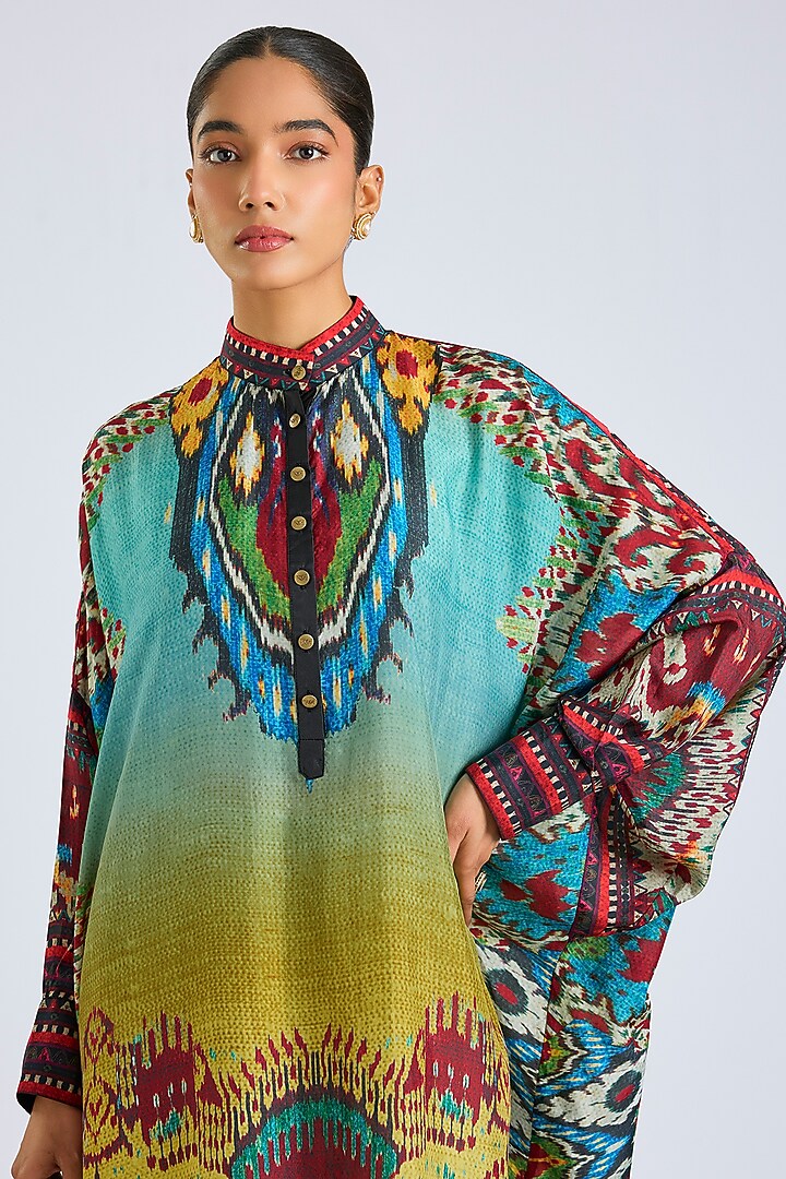 Aqua Silk Printed Shirt Kurta Set by Rajdeep Ranawat at Pernia's Pop Up Shop