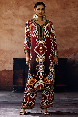 Maroon-Black Silk Printed Kurta Set by Rajdeep Ranawat