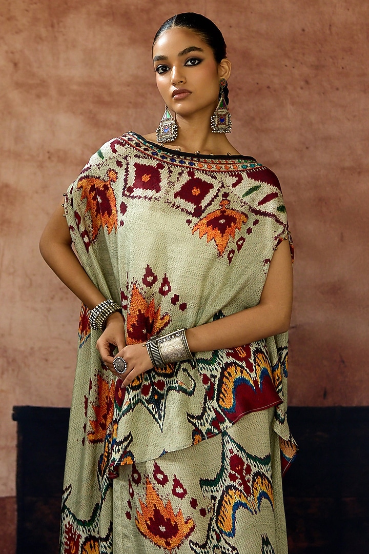 Beige Silk Printed Tie-Up Skirt Set by Rajdeep Ranawat at Pernia's Pop Up Shop