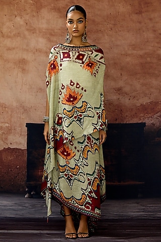 Beige Silk Printed Tie-Up Skirt Set by Rajdeep Ranawat