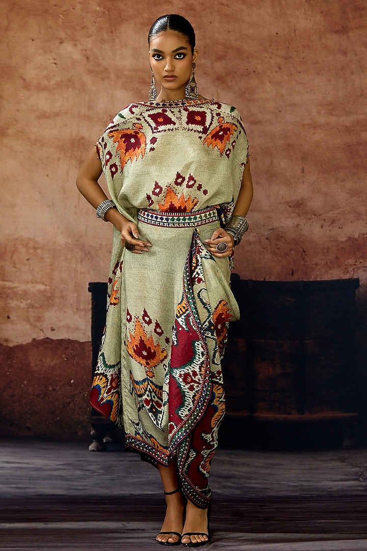 Beige Silk Printed Tie-Up Skirt Set by Rajdeep Ranawat at Pernia's Pop Up Shop
