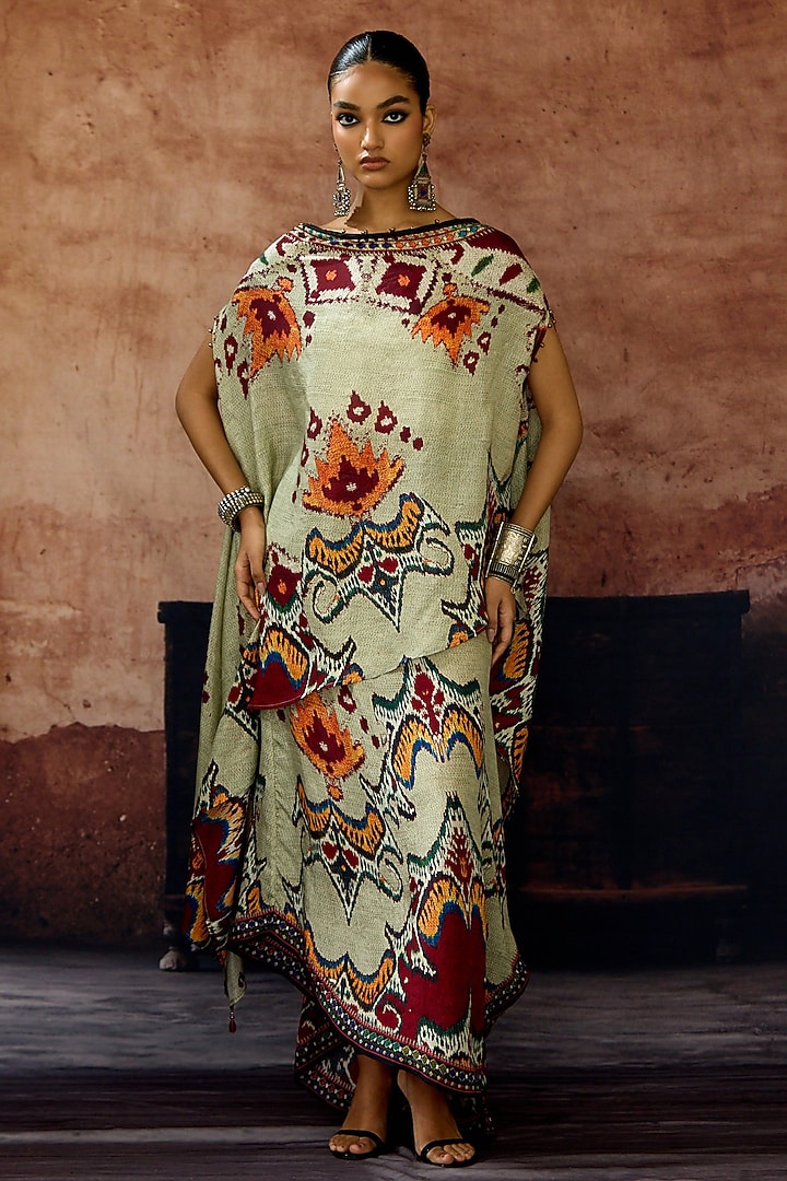 Beige Silk Printed Tie-Up Skirt Set by Rajdeep Ranawat at Pernia's Pop Up Shop