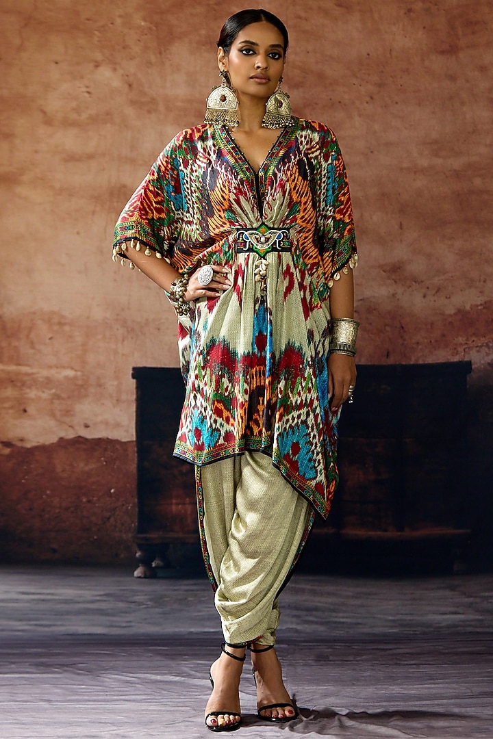 Beige-Orange Silk Printed Kaftan Set by Rajdeep Ranawat at Pernia's Pop Up Shop