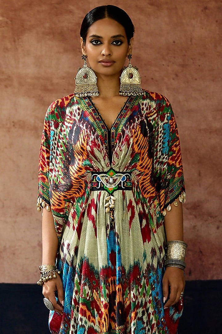 Beige-Orange Silk Printed Kaftan Set by Rajdeep Ranawat at Pernia's Pop Up Shop