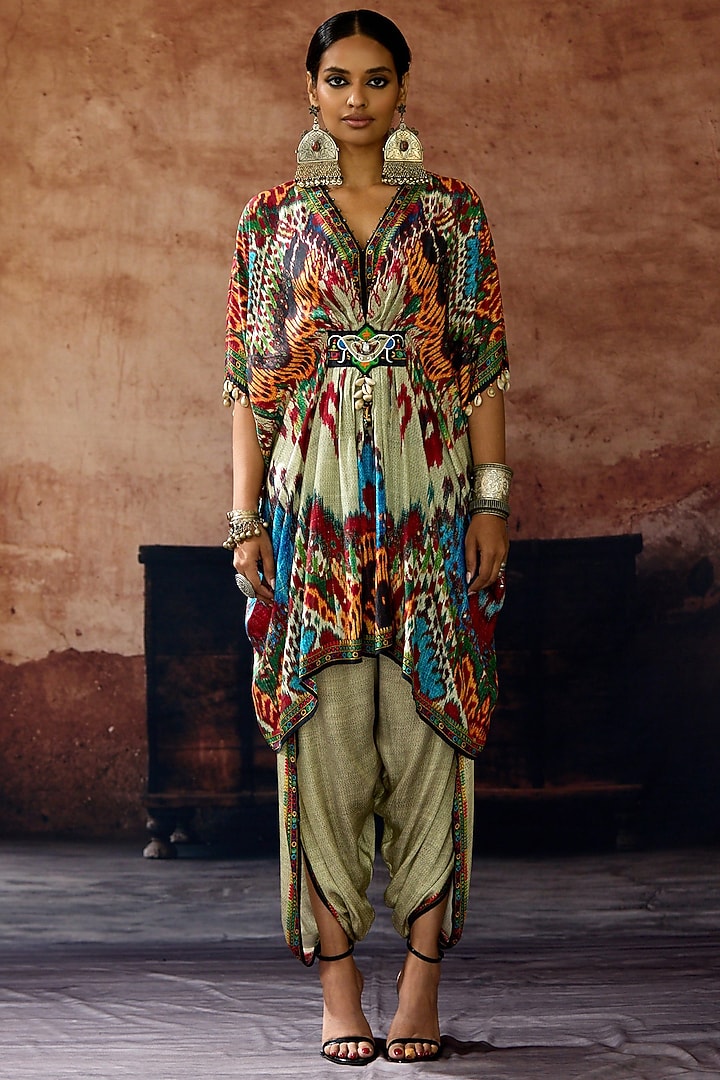 Beige-Orange Silk Printed Kaftan Set by Rajdeep Ranawat at Pernia's Pop Up Shop