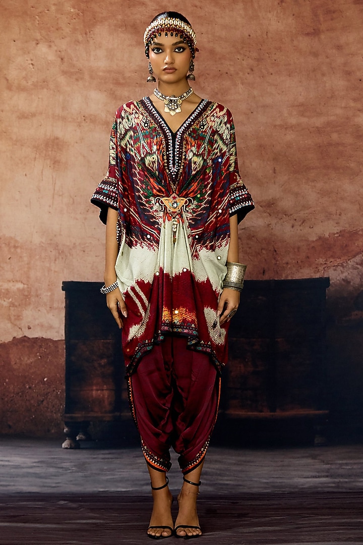 Beige & Maroon Silk Printed Kaftan Set by Rajdeep Ranawat at Pernia's Pop Up Shop