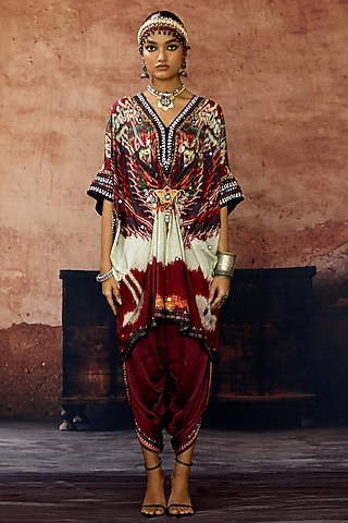 Beige & Maroon Silk Printed Kaftan Set by Rajdeep Ranawat