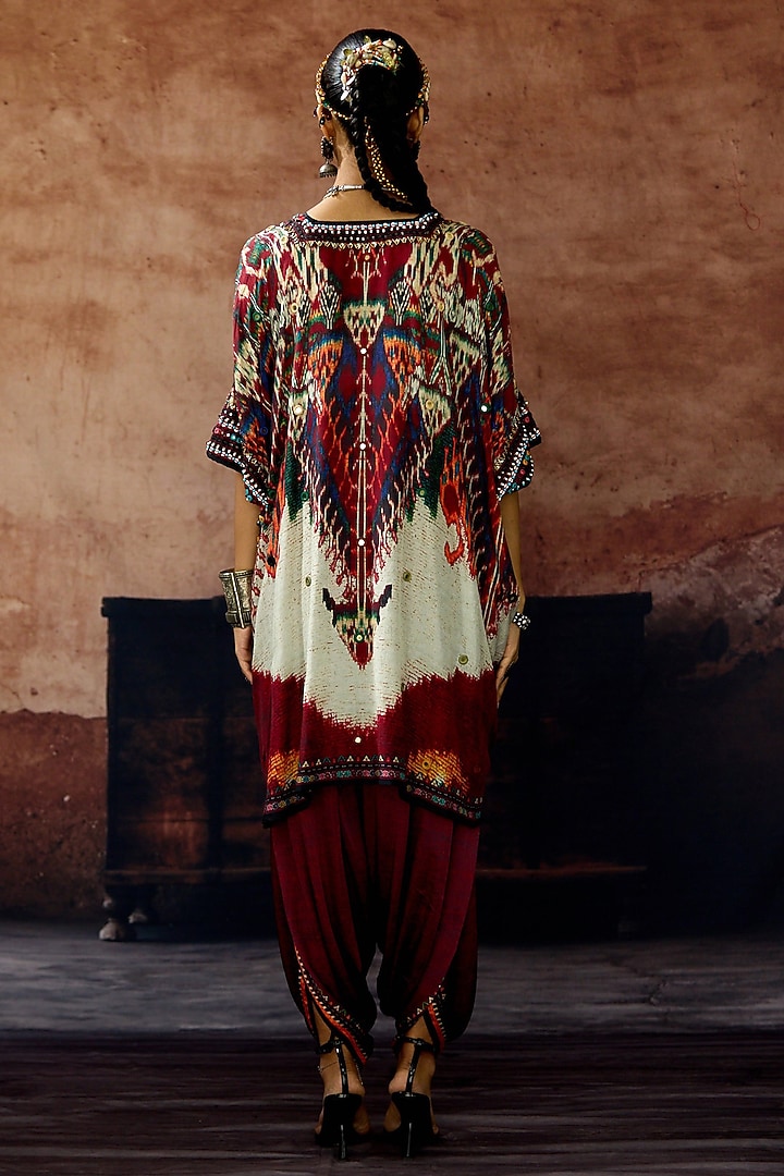 Beige & Maroon Silk Printed Kaftan Set by Rajdeep Ranawat at Pernia's Pop Up Shop