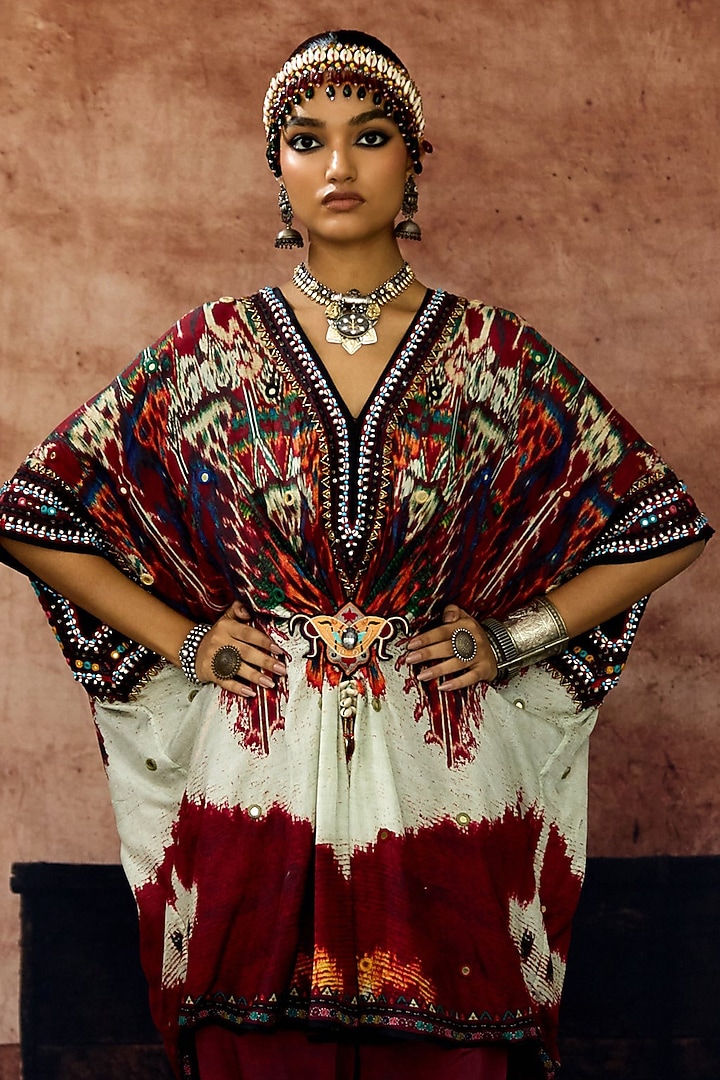 Beige & Maroon Silk Printed Kaftan Set by Rajdeep Ranawat at Pernia's Pop Up Shop