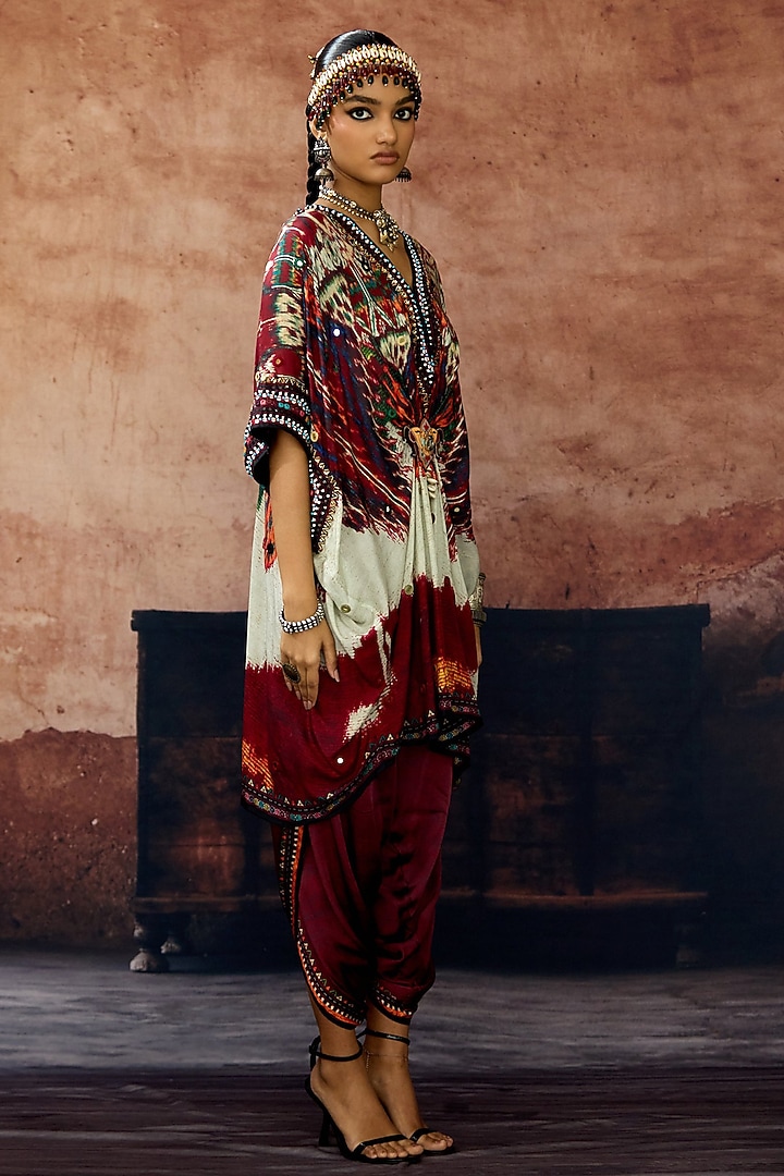 Beige & Maroon Silk Printed Kaftan Set by Rajdeep Ranawat at Pernia's Pop Up Shop