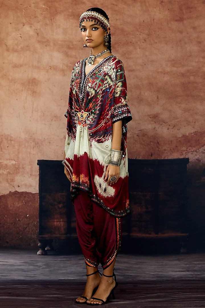 Beige & Maroon Silk Printed Kaftan Set by Rajdeep Ranawat at Pernia's Pop Up Shop