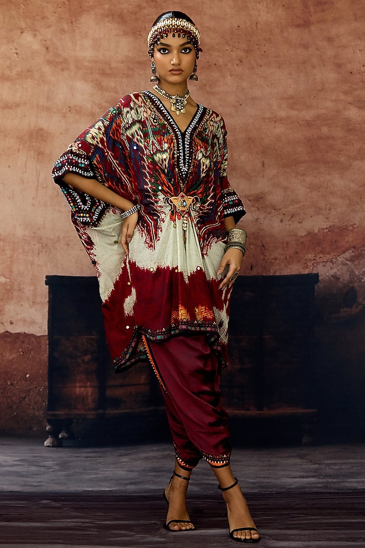 Beige & Maroon Silk Printed Kaftan Set by Rajdeep Ranawat at Pernia's Pop Up Shop