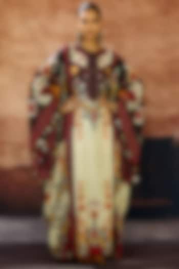 Egg-Shell Silk Printed Boxy Kaftan by Rajdeep Ranawat at Pernia's Pop Up Shop