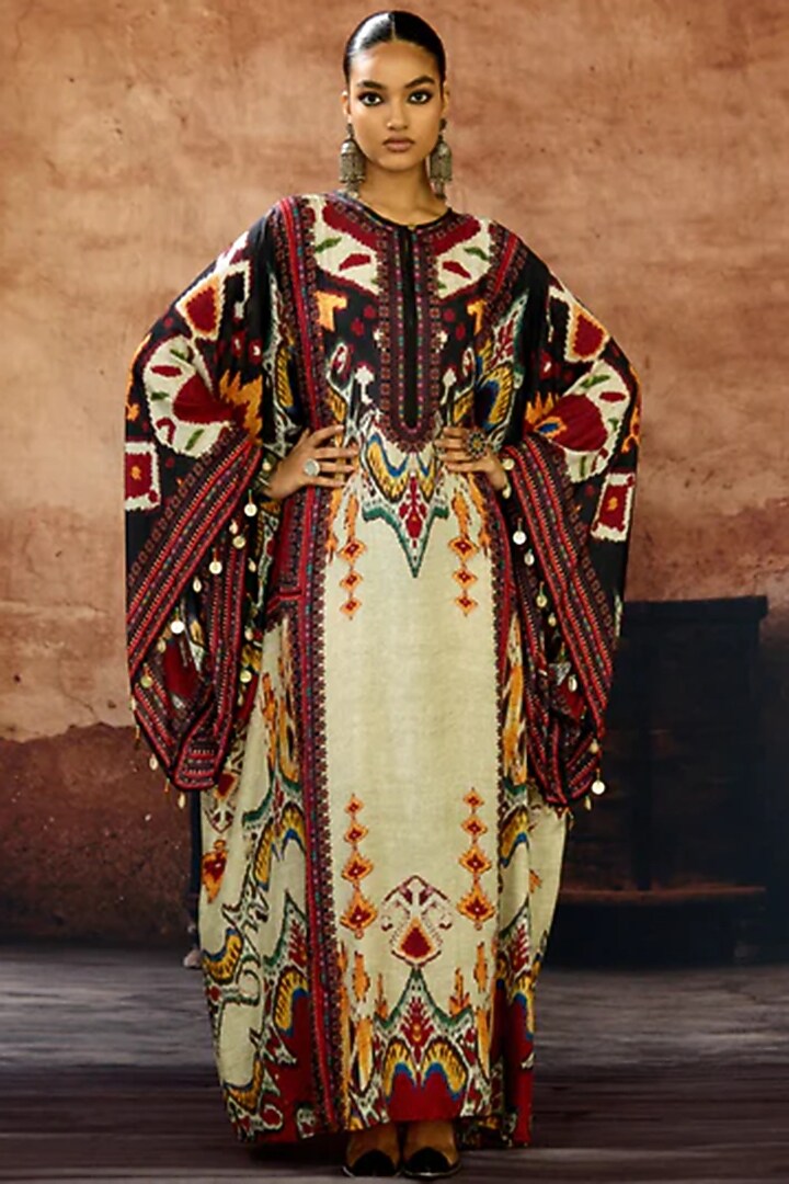 Egg-Shell Silk Printed Boxy Kaftan by Rajdeep Ranawat at Pernia's Pop Up Shop