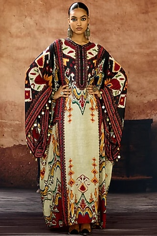 Egg-Shell Silk Printed Boxy Kaftan by Rajdeep Ranawat