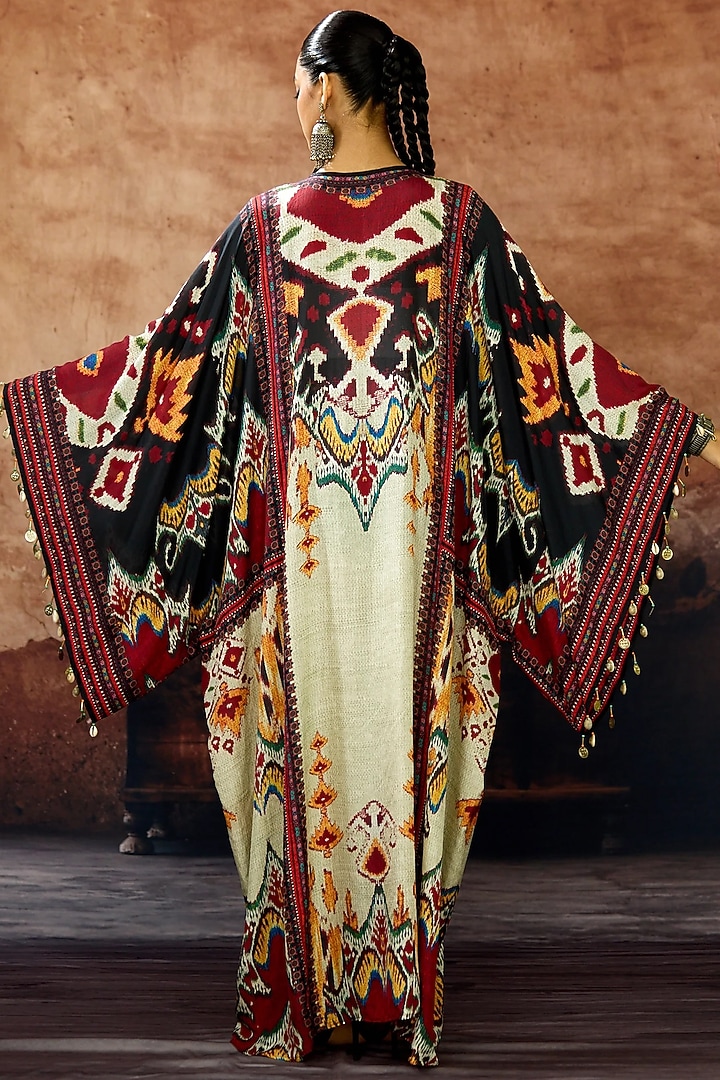 Egg-Shell Silk Printed Boxy Kaftan by Rajdeep Ranawat at Pernia's Pop Up Shop