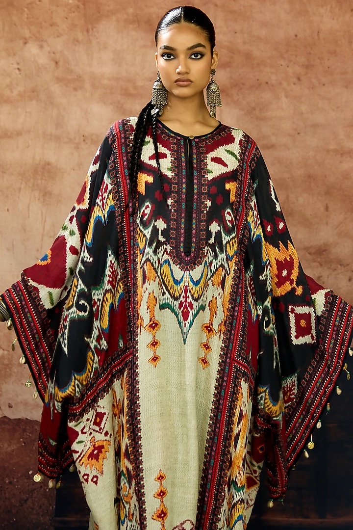 Egg-Shell Silk Printed Boxy Kaftan by Rajdeep Ranawat at Pernia's Pop Up Shop