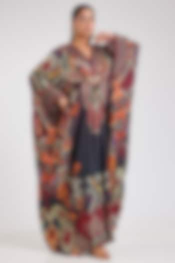 Black & Maroon Silk Printed V-Neck Kaftan by Rajdeep Ranawat at Pernia's Pop Up Shop