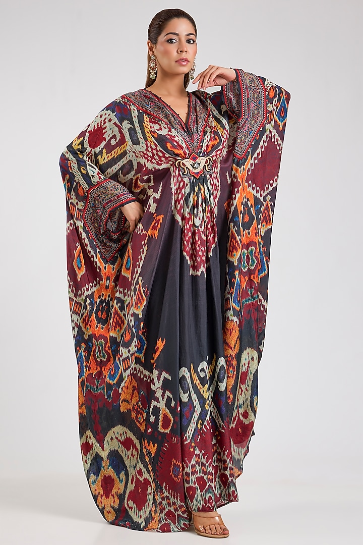 Black & Maroon Silk Printed V-Neck Kaftan by Rajdeep Ranawat at Pernia's Pop Up Shop