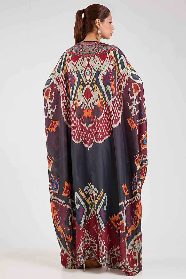 Black & Maroon Silk Printed V-Neck Kaftan by Rajdeep Ranawat at Pernia's Pop Up Shop