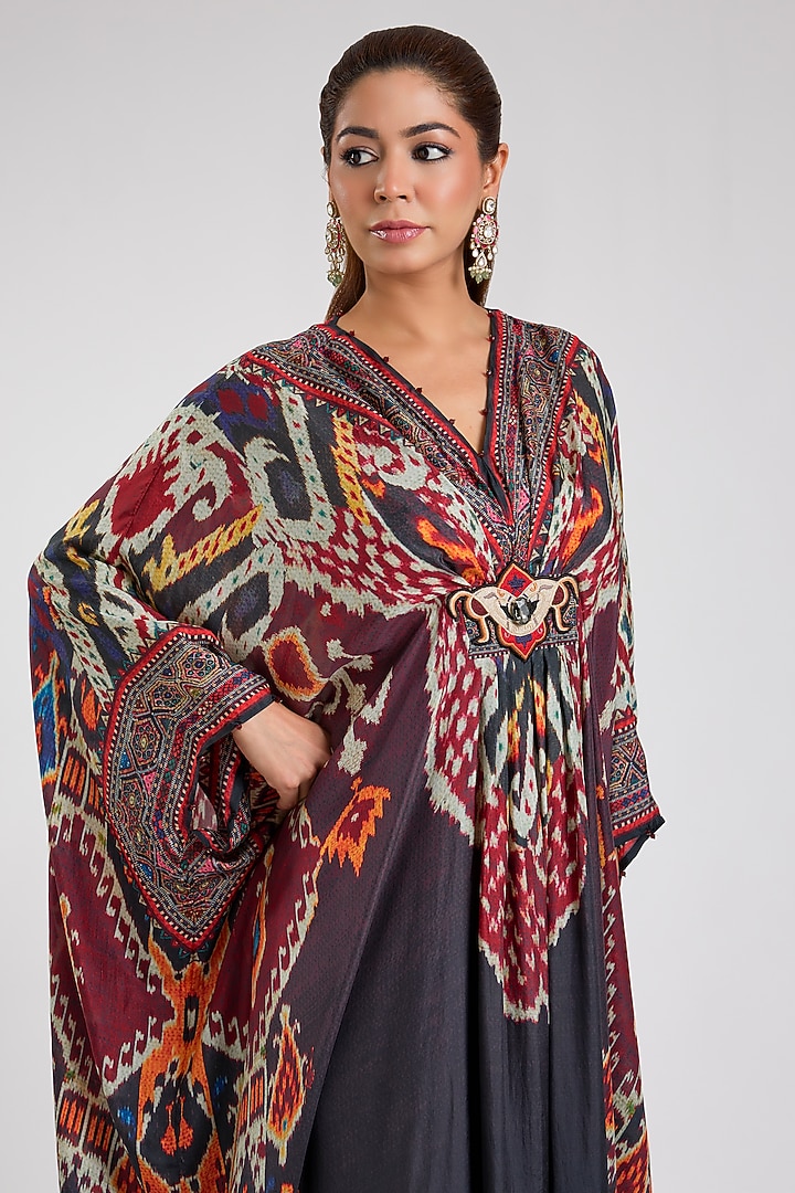 Black & Maroon Silk Printed V-Neck Kaftan by Rajdeep Ranawat at Pernia's Pop Up Shop