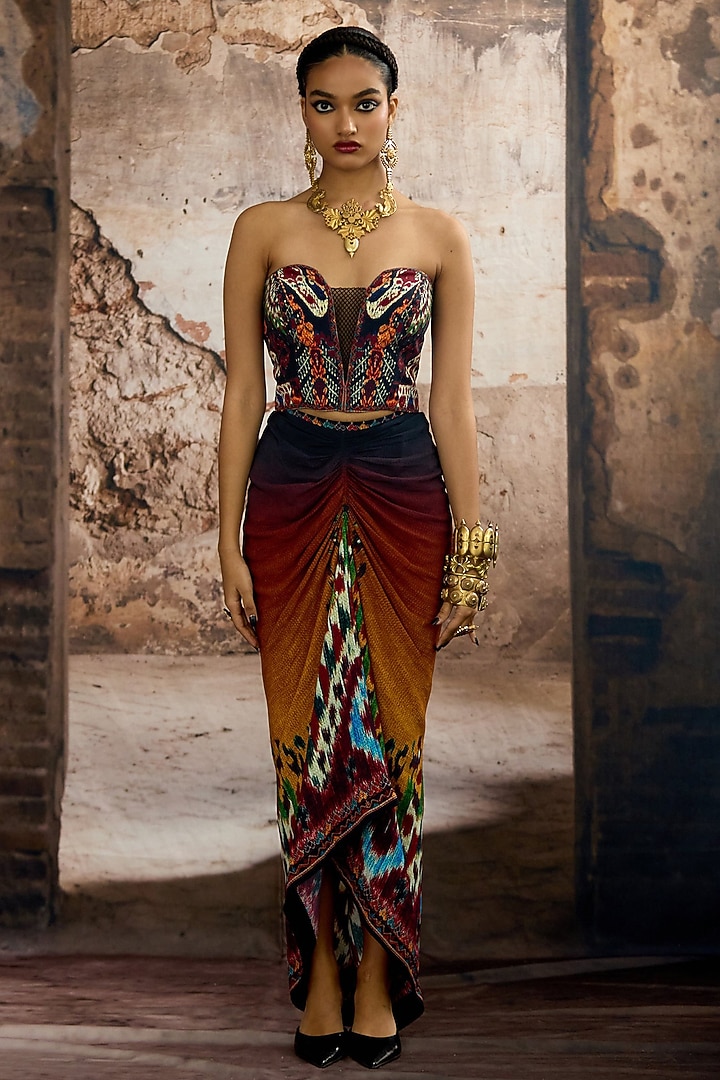 Mustard & Multi-Colored Bemberg Crepe Printed Draped Skirt Set by Rajdeep Ranawat at Pernia's Pop Up Shop
