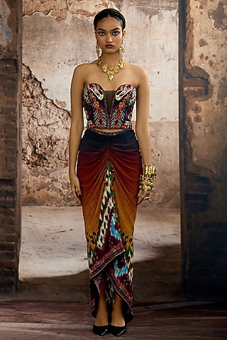 Mustard & Multi-Colored Bemberg Crepe Printed Draped Skirt Set by Rajdeep Ranawat