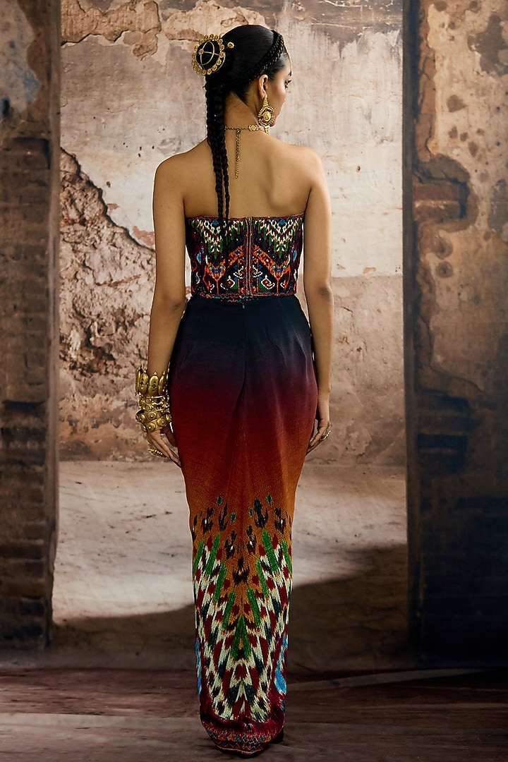 Mustard & Multi-Colored Bemberg Crepe Printed Draped Skirt Set by Rajdeep Ranawat at Pernia's Pop Up Shop