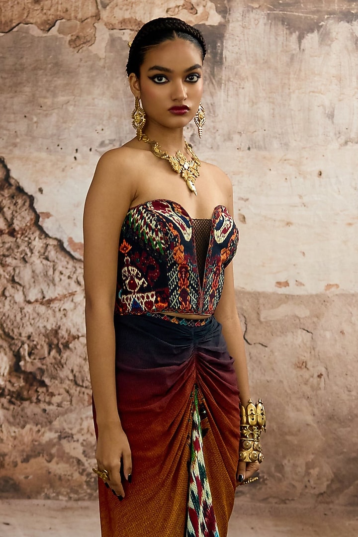 Mustard & Multi-Colored Bemberg Crepe Printed Draped Skirt Set by Rajdeep Ranawat at Pernia's Pop Up Shop