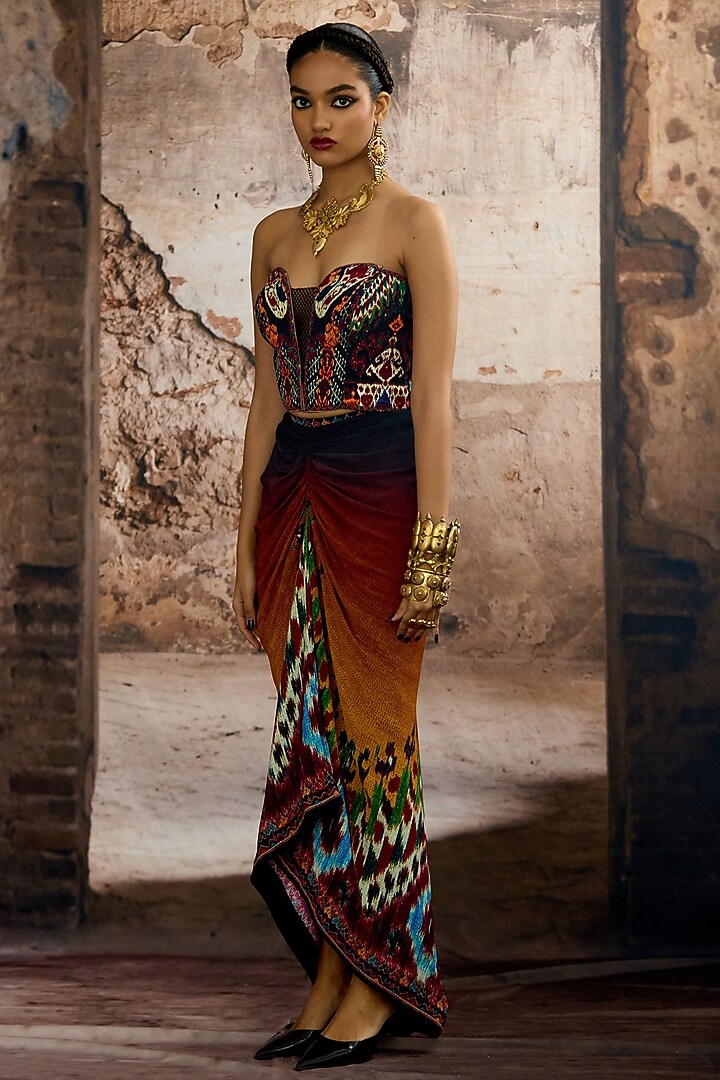 Mustard & Multi-Colored Bemberg Crepe Printed Draped Skirt Set by Rajdeep Ranawat at Pernia's Pop Up Shop