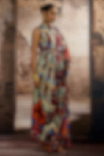Multi-Colored Silk Printed Draped Saree Party Wear Dress by Rajdeep Ranawat at Pernia's Pop Up Shop