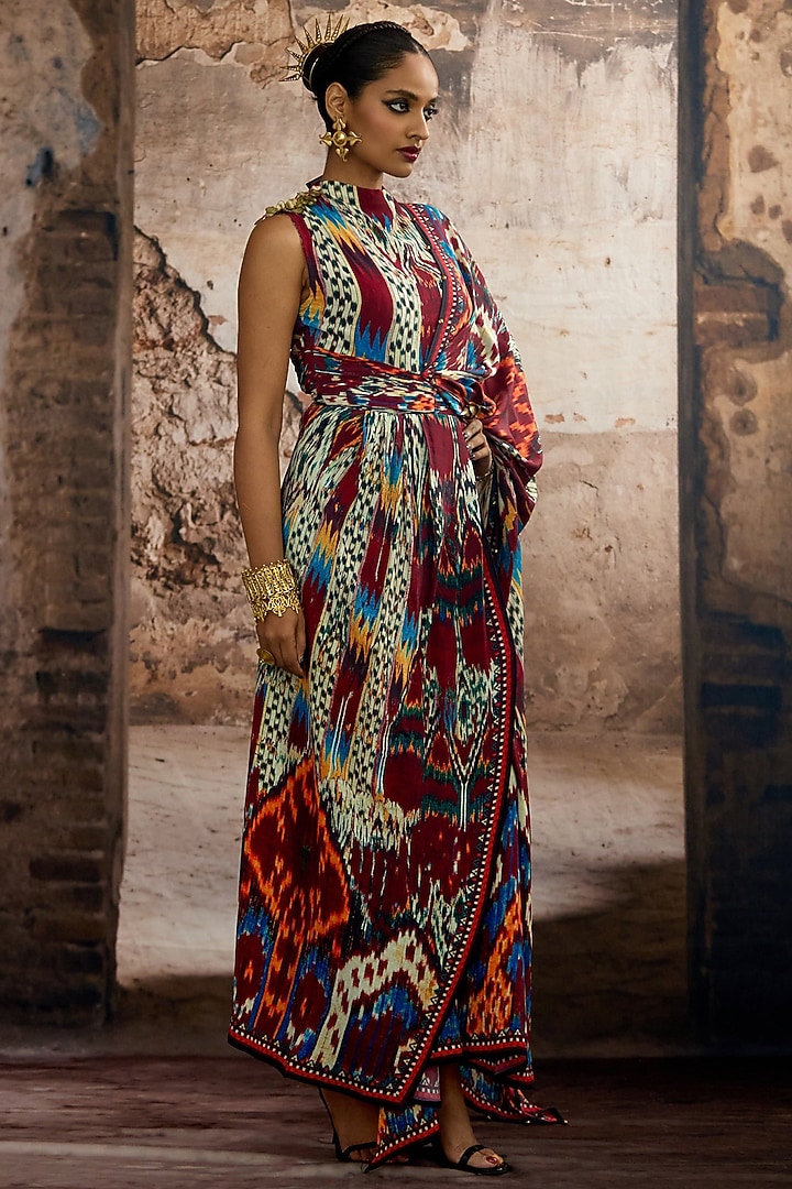 Multi-Colored Silk Printed Draped Saree Party Wear Dress by Rajdeep Ranawat at Pernia's Pop Up Shop