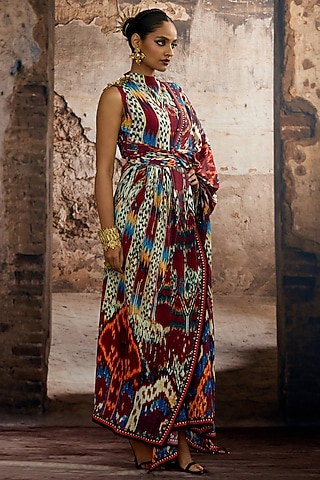 Multi-Colored Silk Printed Draped Saree Dress by Rajdeep Ranawat