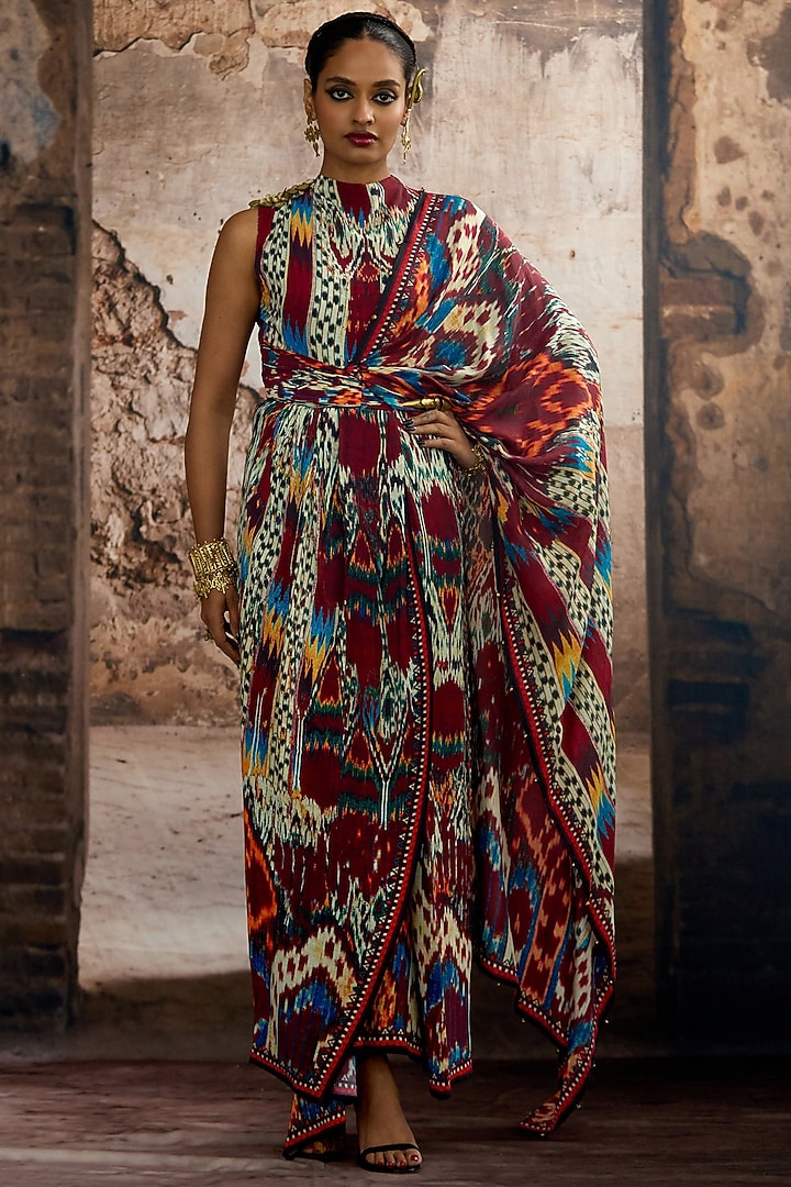 Multi-Colored Silk Printed Draped Saree Party Wear Dress by Rajdeep Ranawat at Pernia's Pop Up Shop