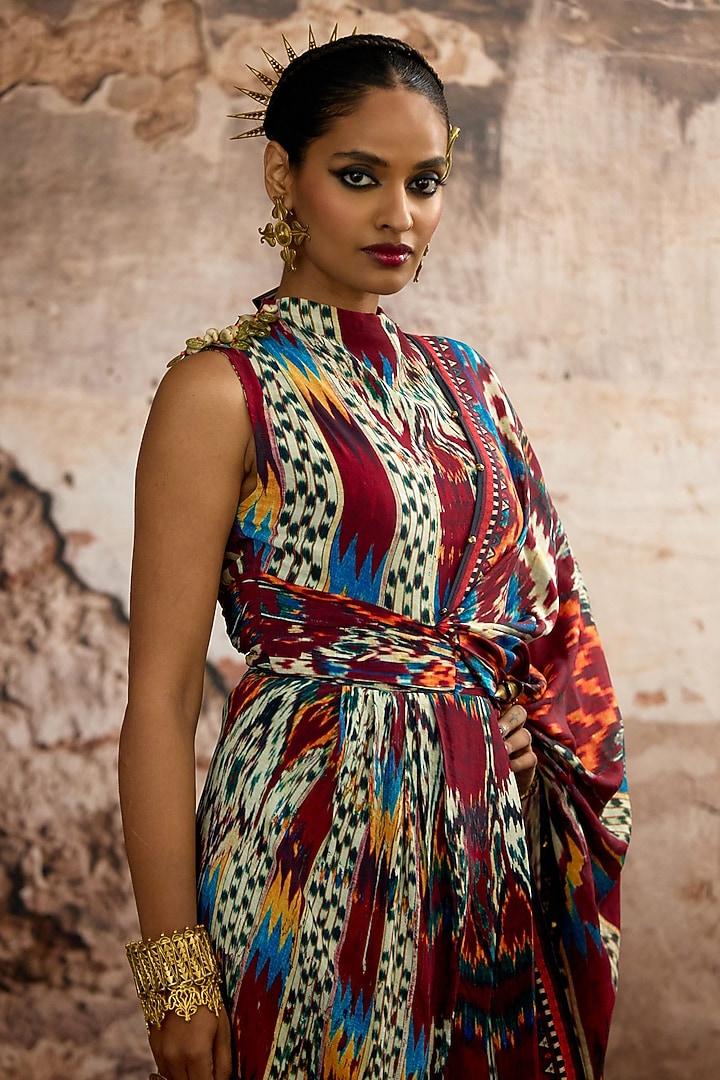 Multi-Colored Silk Printed Draped Saree Party Wear Dress by Rajdeep Ranawat at Pernia's Pop Up Shop