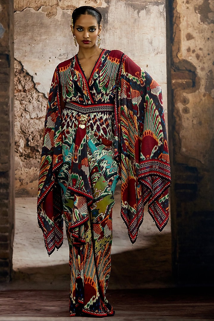 Aqua & Multi-Colored Silk Printed Engagement Gown by Rajdeep Ranawat at Pernia's Pop Up Shop
