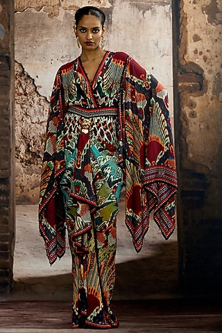 Aqua & Multi-Colored Silk Printed Gown by Rajdeep Ranawat