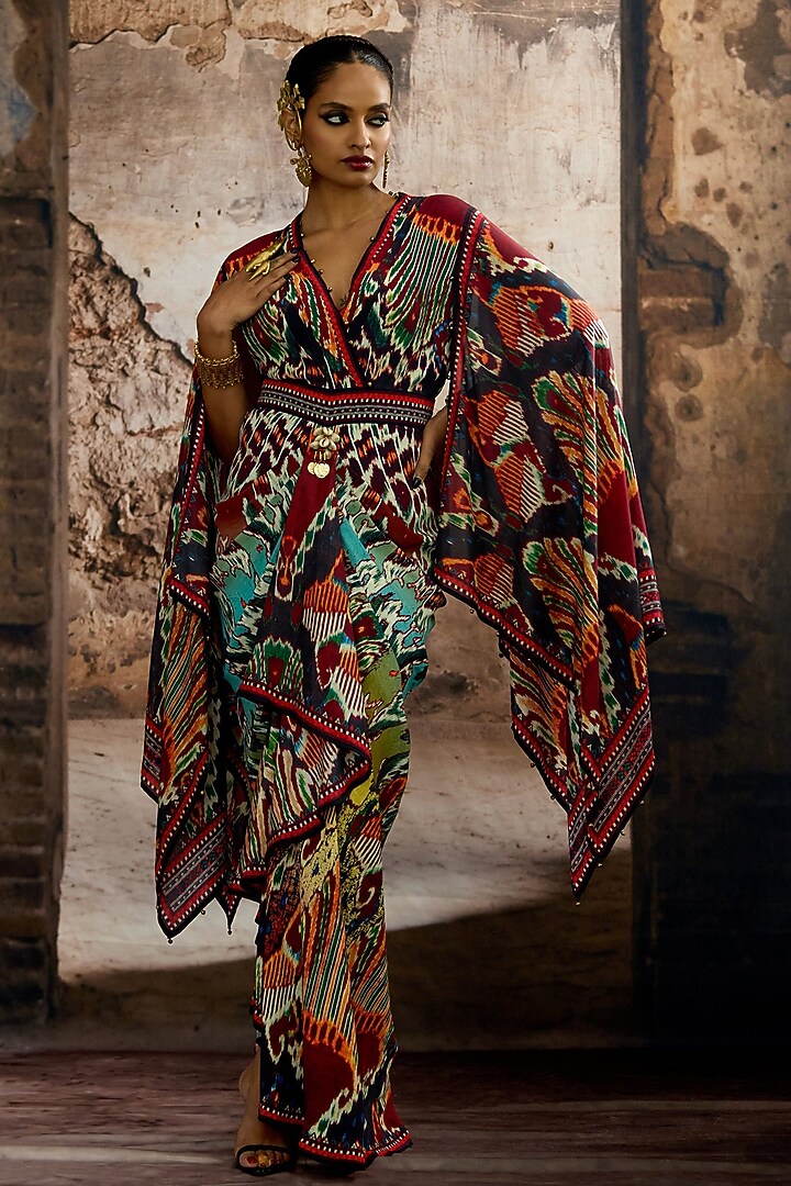 Aqua & Multi-Colored Silk Printed Engagement Gown by Rajdeep Ranawat at Pernia's Pop Up Shop