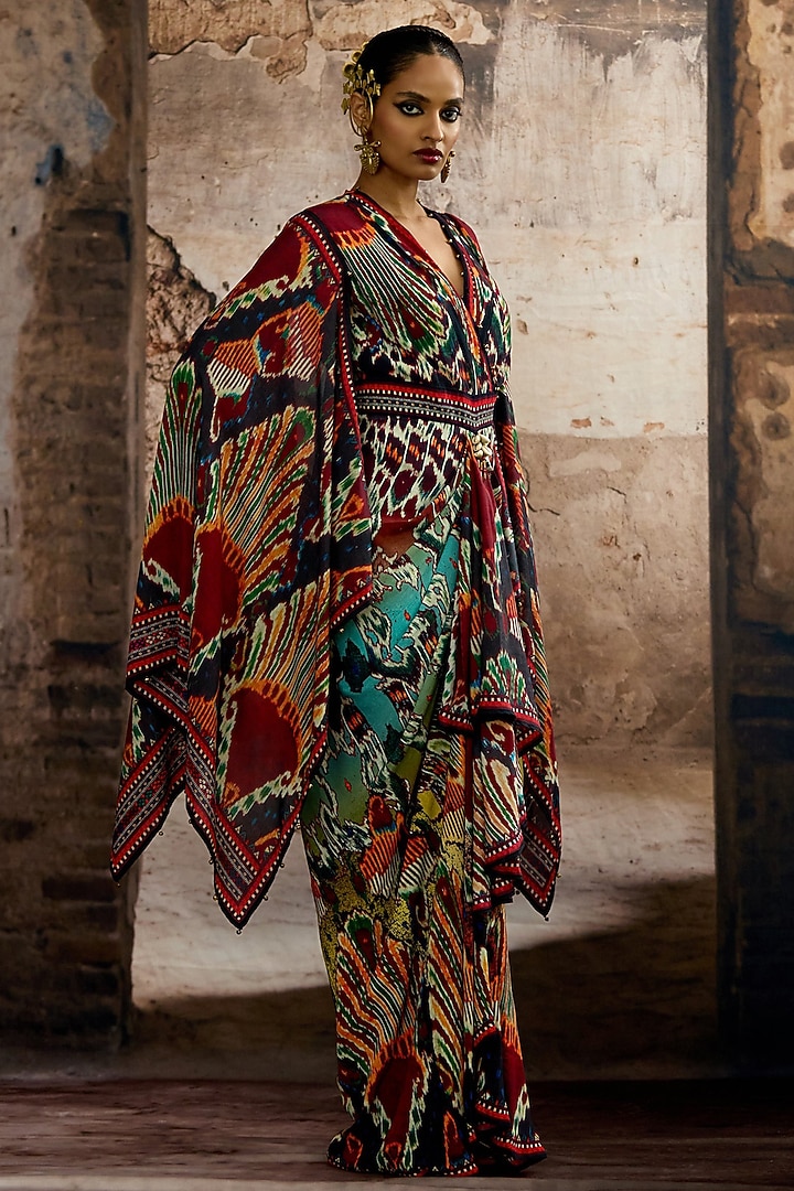 Aqua & Multi-Colored Silk Printed Engagement Gown by Rajdeep Ranawat at Pernia's Pop Up Shop