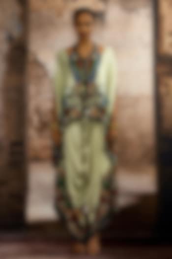 Eggshell & Blue Silk Dupion Printed Cape-Style Tunic Set by Rajdeep Ranawat at Pernia's Pop Up Shop