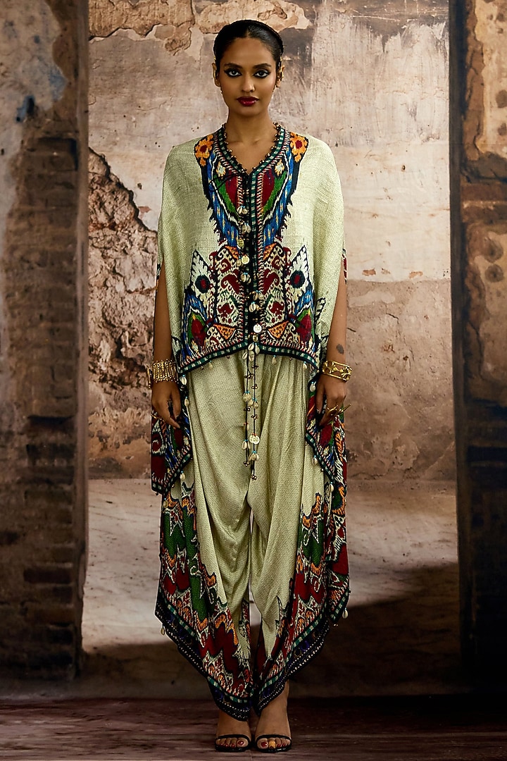 Eggshell & Blue Silk Dupion Printed Cape-Style Tunic Set by Rajdeep Ranawat at Pernia's Pop Up Shop