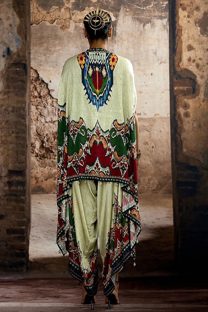 Eggshell & Blue Silk Dupion Printed Cape-Style Tunic Set by Rajdeep Ranawat at Pernia's Pop Up Shop