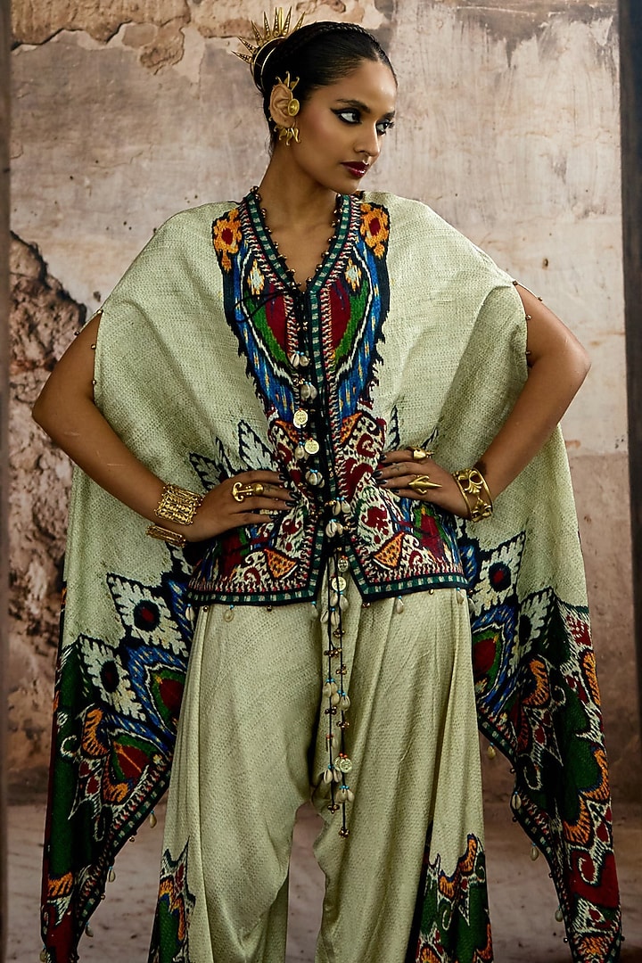 Eggshell & Blue Silk Dupion Printed Cape-Style Tunic Set by Rajdeep Ranawat at Pernia's Pop Up Shop